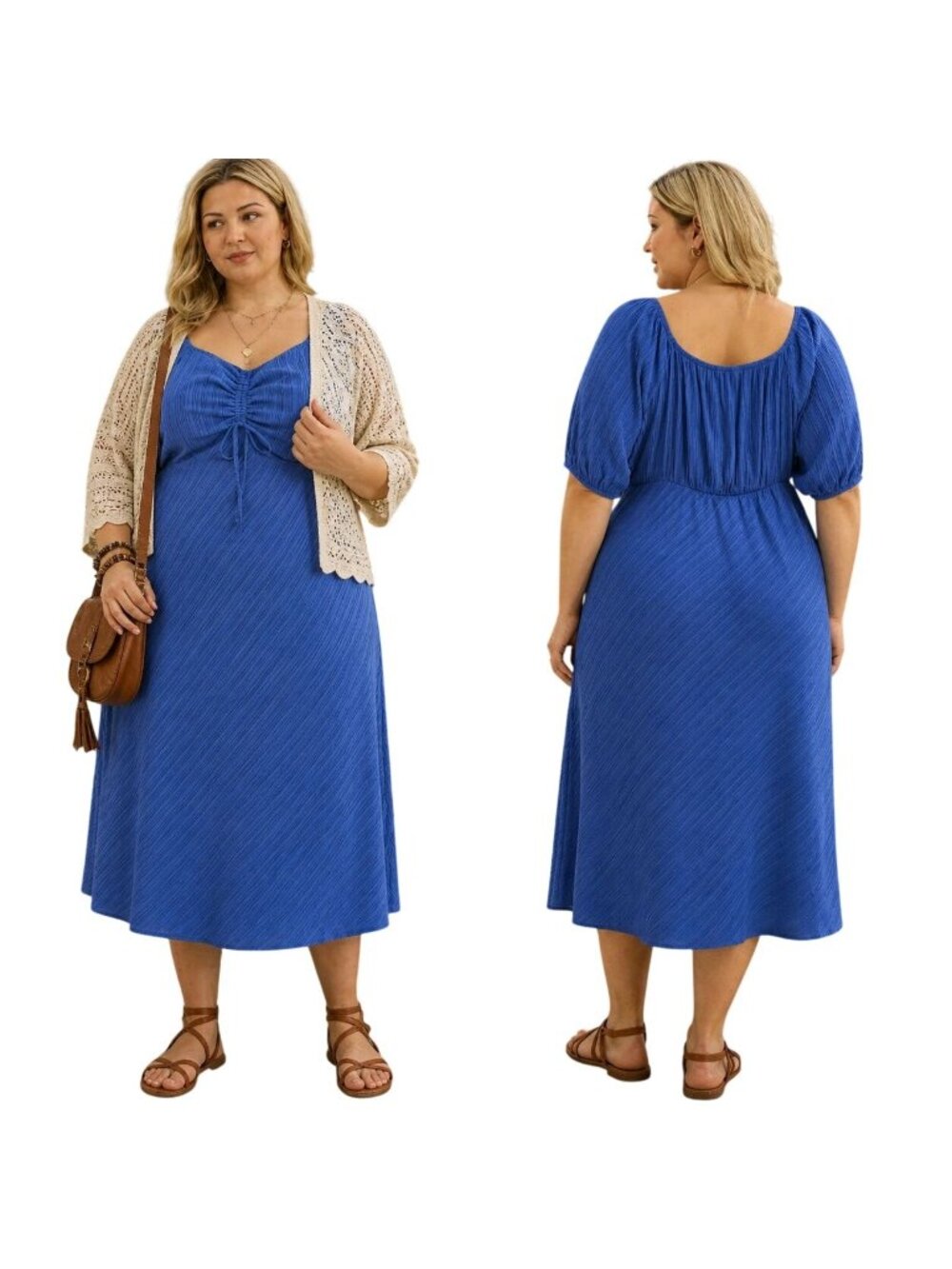 Terra &Sky Plus 2X Ruched Bust Midi Dress Boho Cottagecore Flowy Comfy Chic Blue